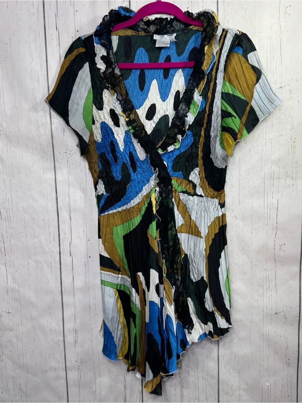 Alberto Makali Abstract Print Pleated Lace Trim Tunic Top Size L Boho Artwear